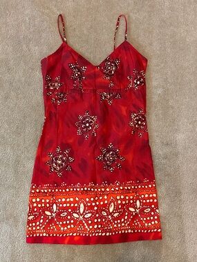 Vintage  Arizona Red Floral Batik Print Spaghetti-Strap Sun Dress